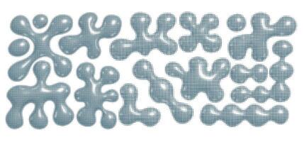 3d chrome metal organic fluid shapes set in dotted halftone style. Abstract liquid mercury metallic icon. 3d rendering aluminum gradient shape element isolated. Brutalist. 3D Illustration vector