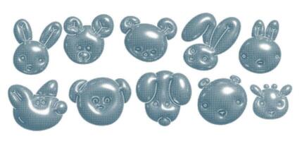 Abstract metallic bubbles in shape of animals muzzles on a transparent background in dotted halftone style. y2k chrome prop Design. Flowing glowing spheres. 3d imitating illustration. vector