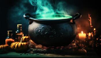 Close-up of a spooky witch's potion brewing in a cauldron photo