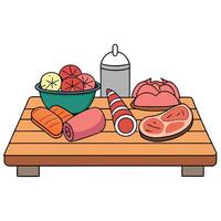 Assorted Selection of Various Types of Fresh and Raw Meat Displayed on a Wooden Table vector