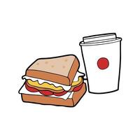 Close up photo of a mozzarella and bacon sandwich in a paper bag with a cup of coffee vector