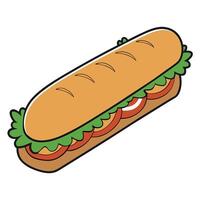 Large baguette sub sandwich with roast chicken. greens and vegetables on white table vector