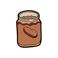 Jar of bacon jam spread on toasted baguette. Close-up. vector