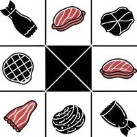 Assorted raw meat products collage with white dividing lines. bright white background vector