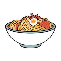 A bowl of spaghetti topped with crispy bacon. cooked eggs. and grated parmesan cheese vector