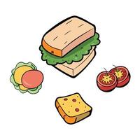 Ingredients ham cheese tomatoes lettuce and toast View from above on dark background vector
