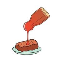 A steak being drizzled with sauce on a white background. vector