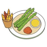 Green fried asparagus. bacon. and fried potatoes with mustard sauce on a white plate. vector
