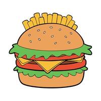 Close-up of a juicy burger with lettuce. tomato. and cheese. served with crispy fries vector