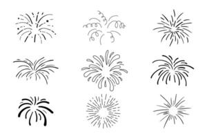 Set fireworks doodle line explosion radial sparkler with rays, hand drawn firecrackers simple and round decoration isolated on white background. vector