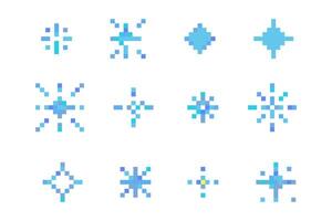 Pixel snowflake winter retro pixilated 8 bit game stamp. Holiday flake ornament. Simple crystal ornament. vector