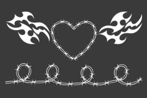 Wire Barb heart frame y2k tattoo border gothic spiky punk print isolated on white background. Barbwire emo boundary heart shape. vector