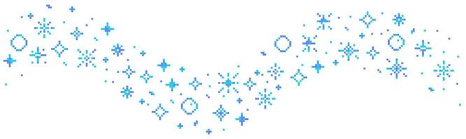 Pixel snow retro 8 bit sparkle wavy border seamless frame. Shiny game pixel art effect set. Firework burst, space decoration. 90s aesthetics, y2k vector