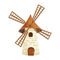Windmill fairy, cartoon isolated on white background. Retro, rural building, tower with wooden propeller. Clipart, design element, ui gui asset. vector
