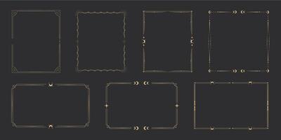 Collection Gold celestial minimal esoteric frame, thin line golden border, moon, stars corners. Set Geometric shape, tarrot isolated on dark background. Set Geometric shape, tarrot vector