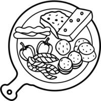 A wooden board with a variety of meats and cheeses on it vector