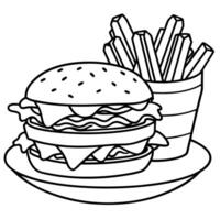 Deluxe grilled burger with bacon and gorgonzola served with fries at a casual diner vector