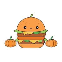 A hamburger with a pumpkin on top of it. There are other pumpkins in the background vector