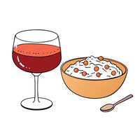 A Bowl of Bacon and Chive Risotto Served on a Wooden Table With a Glass of Red Wine vector