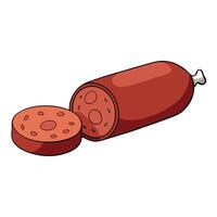 Close-up of sliced cured sausage alongside a whole fuet on a textured wooden surface vector