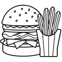 Burger and fries on wooden background. Burger with cheddar cheese. bacon and onion. vector