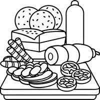 A variety of meats are displayed on a wooden table. including sausage. ham. and salami vector