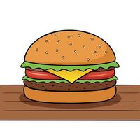 A large burger with ketchup and cheese on a wooden table vector