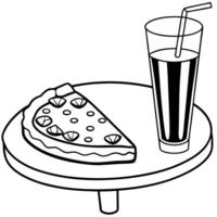 Close-up of a pizza next to a cola in a glass on the table of a fast food restaurant. vector