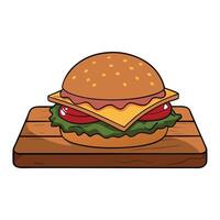 Delicious cheeseburger with crispy bacon sitting on rustic wooden cutting board vector