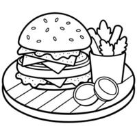 Burger with tomatoes lettuce and pickles on a wooden plate and fries at the back vector