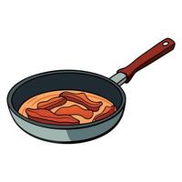 Frying pan filled with slices of brown and crispy bacon cooking on a stove top. vector