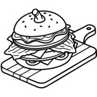 Delicious cheeseburger with bacon and vegetables laying on wooden cutting board vector