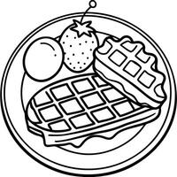 A waffle with bacon. eggs. and a pickle on a table adjacent to eggs and a pickle vector