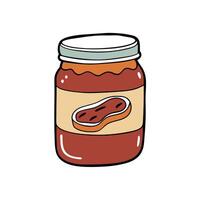 Jar of bacon jam spread on toasted baguette. Close-up. vector