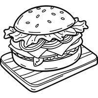 Close-up of delicious cheeseburger with bacon lettuce and tomato on wooden board vector