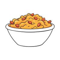 A white bowl overflows with macaroni and cheese. topped with crispy bacon pieces vector