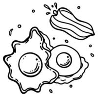 High-speed shot of fried eggs and bacon with oil splashing on a dark background vector