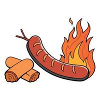 Grilled sausage hotdog with crispy bacon served infront of the burning logs . vector