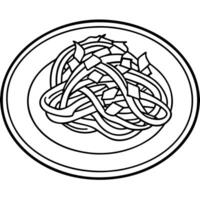 Close up of a plate of spaghetti with bacon and parmesan sprinkled on top of it. vector