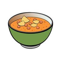Lentil soup with croutons and meat chips for dinner on white background Text space vector