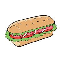 A submarine sandwich filled with turkey. ham. lettuce. and tomatoes. cut in half . vector