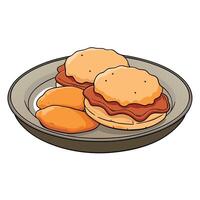 Close-up of Southern biscuits with sausage gravy and crispy bacon on a rustic plate vector