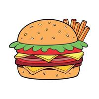 Delicious burger with lettuce. tomato. cheese. and bacon. served with crispy fries vector