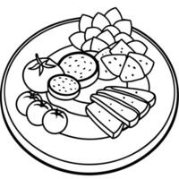 A platter of meat and cheese with a tomato on top. The platter is on a wooden table vector