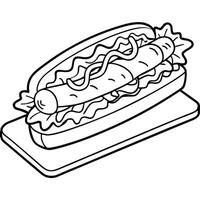 Hotdog sandwich with crispy bacon. onions. mustard and lettuce on a wooden tray. vector