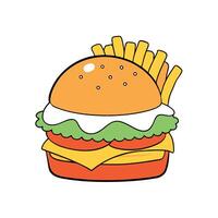 A delicious cheeseburger with a fried egg on top and a side of crispy french fries. vector