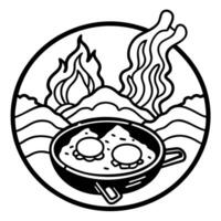 Bacon and eggs sizzling in a cast iron skillet over a campfire in the wilderness. vector