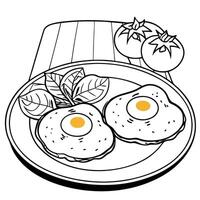 Delicious fried eggs with veggies on a wooden table top view with copy space image vector