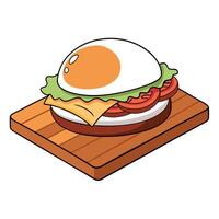 Close-up of a juicy burger with a fried egg. bacon. and tomato on a wooden board. vector
