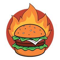 Flaming gourmet burger with lettuce. tomato. and bacon against a fiery background. vector